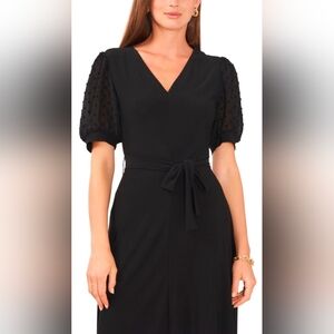 MSK Women's Black V-neck Contrast-sleeve Tie-waist Midi Dress